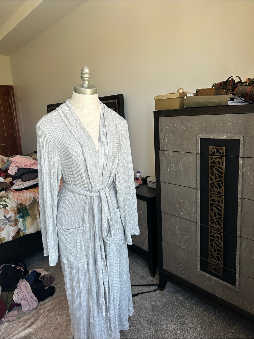 Nordstrom Light Gray Ribbed Knit Long Robe with Belt